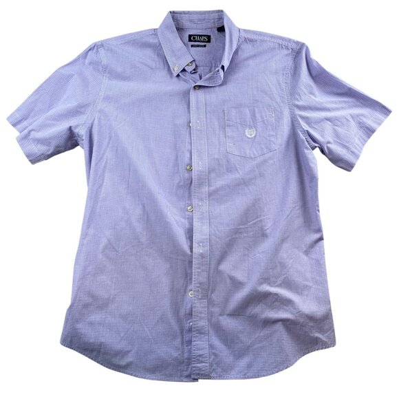 Chaps Men's Oxford Shirt Large Purple Check Easy Care Short Sleeve Button-Down - Picture 1 of 9